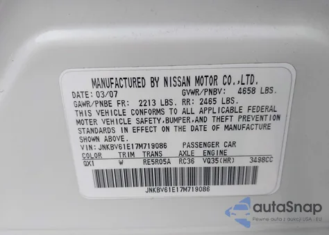 2007 Infiniti G35 Sport z USA, uszkodzony, nr VIN JNKBV61E17M719086